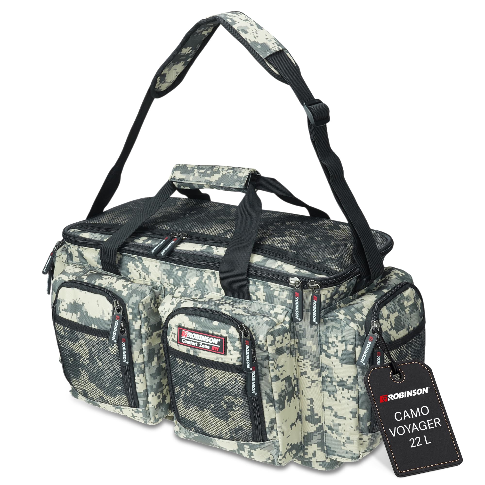 Robinson Angeltasche - Tackletasche mit Schaumpolsterung, Strapazierfähiges Reißfestes Material, Verstellbarer Tragegurt, Mehrere Außentaschen - Camo Voyager (L (22L) - 45x18x28cm)
