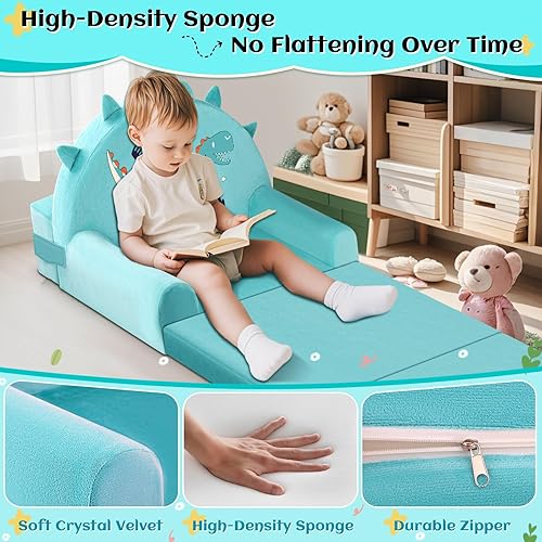 Miniatura 6 de Sofá cama de dinosaurio para niños con funda extraíble lavable y respaldo de cinta mágica - Silla plegable para niños pequeños, cómodos muebles de