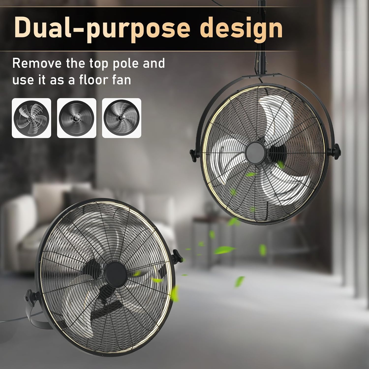 22.8" Outdoor Hanging Ceiling Fan with Light - 360 Rotatable Fixed Angle,Plug-in,3CCT Dimmable,6 Speeds,Timer & Reversible,2-in-1 Hanging/Standing,Ideal for Gazebos,Patios,Tool Room,Garage.