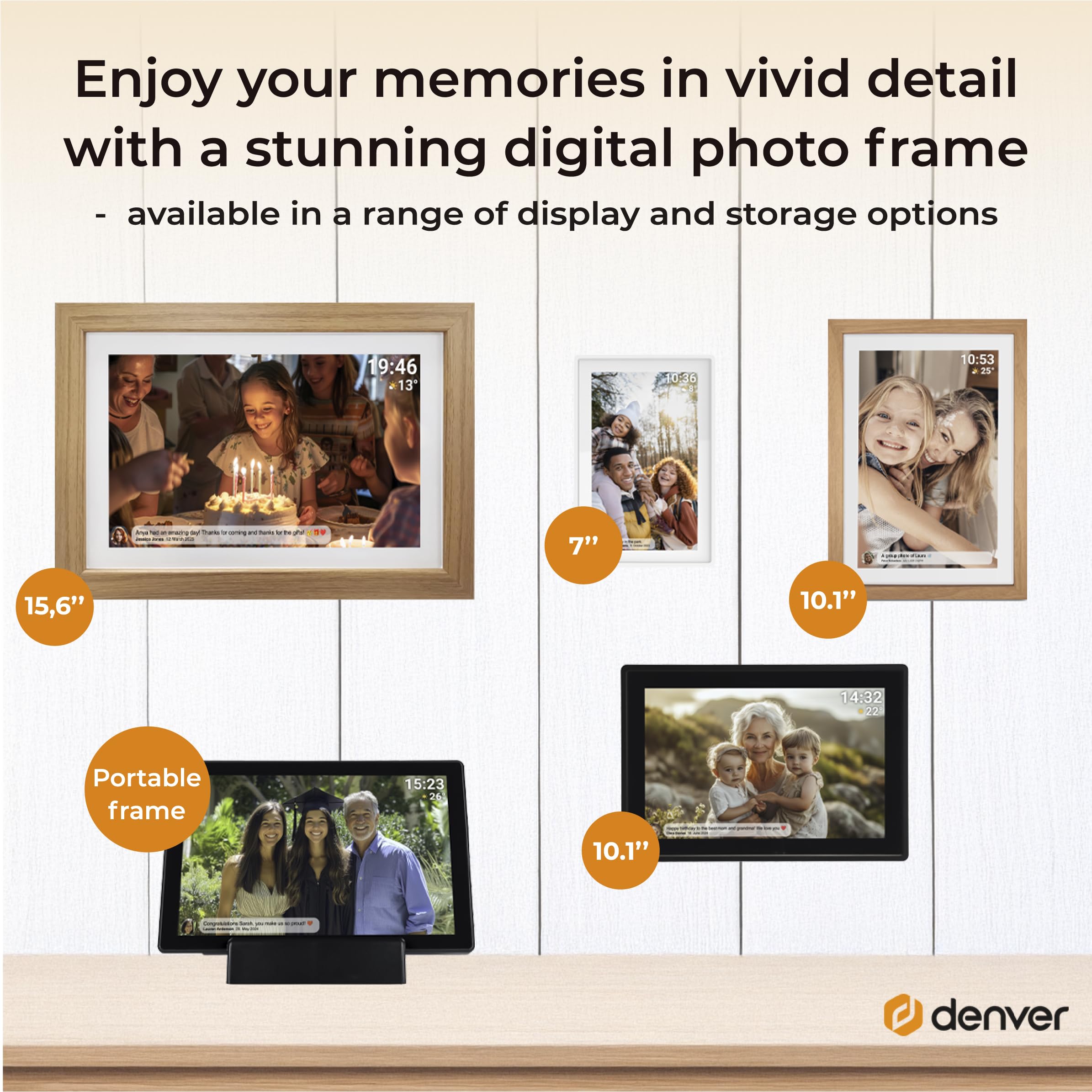Denver Frameo Marco Digital WiFi 15,6 Pulgadas, Pantalla Full HD IPS táctil 1920 x 1080, 16 GB, App Frameo, Color Madera Clara