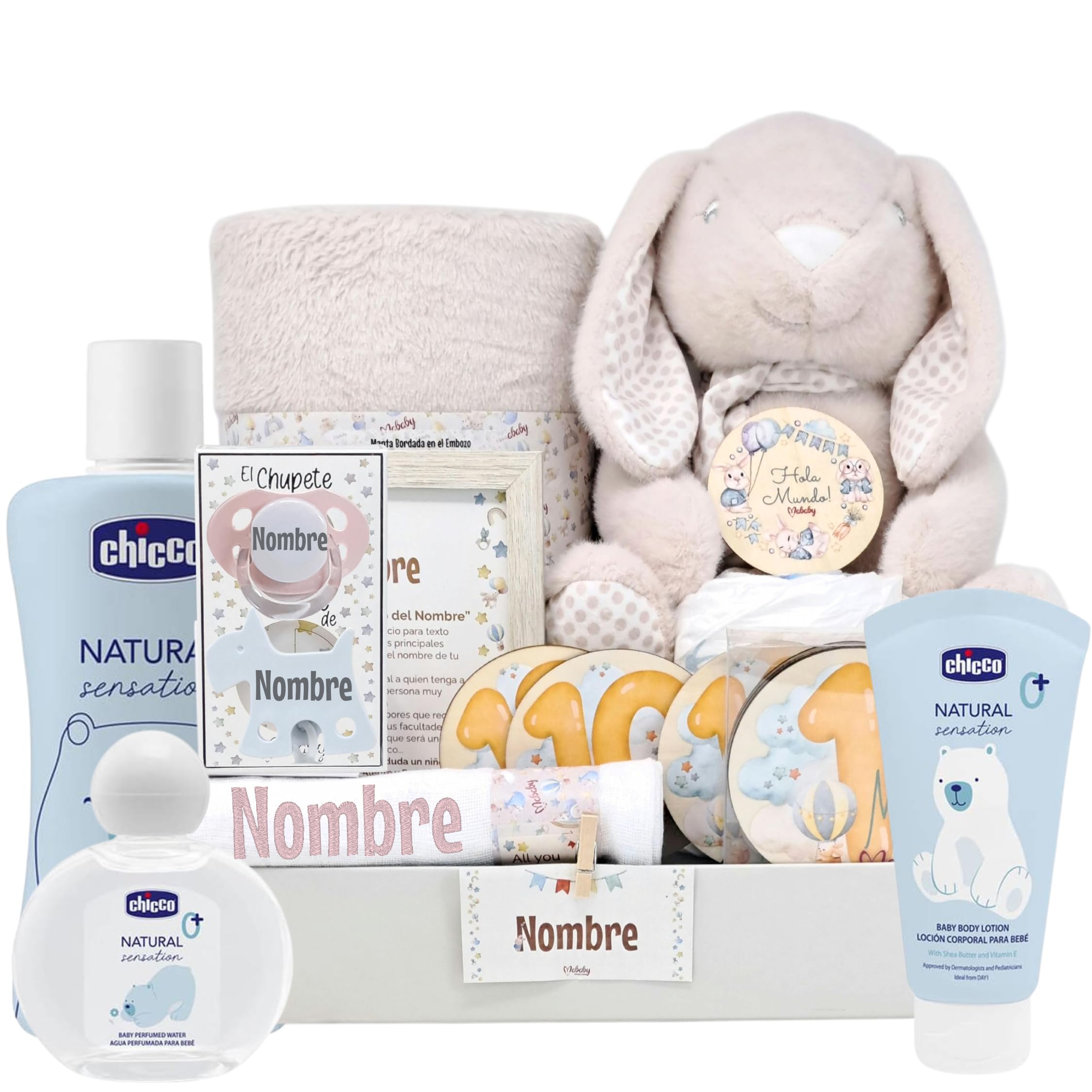 Cesta Bebé Recién Nacido Niña Rabbits Deluxe (Rosa) | Canastilla con peluche conejito, manta coralina, gasa bordada, chupete y pinza grabados, marco y discos de hitos