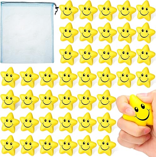 Jerify 60 bolas de estrés con forma de estrella y sonrisa, a granel para niños, mini bola de espuma sonriente, juguetes para aliviar el estrés para
