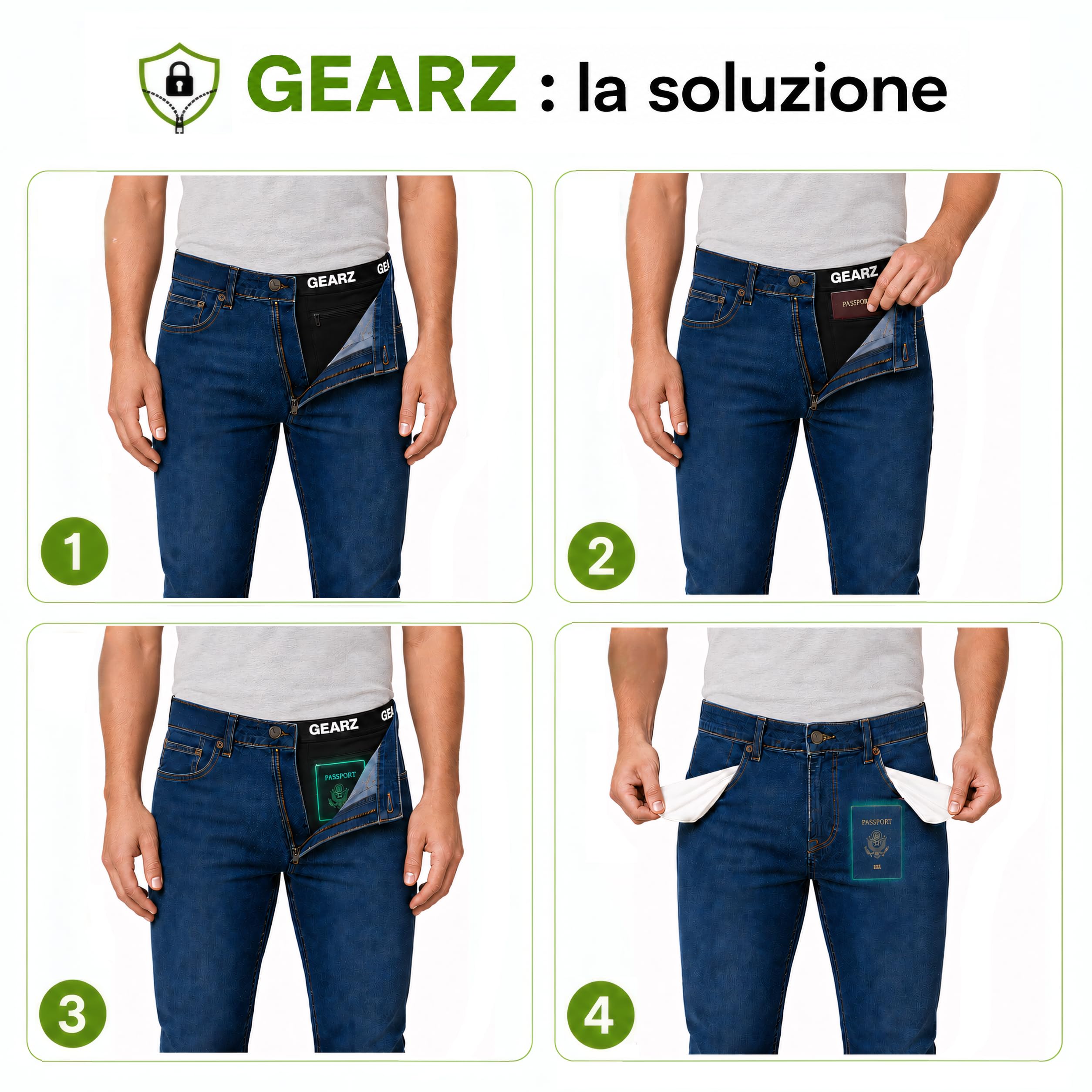 GEARZ - Pack 4 Boxer antifurto Uomo, Boxer Tasca Zip Sicurezza con Tasche nascoste, Intimo Viaggio Sport Cotone Nero Resistente