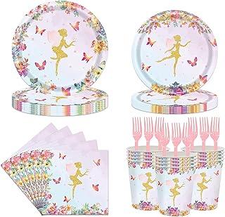 LASLU 120Pcs Flower Fairy Party Plates and Napkins Set, Flower Fairy Party Supplies Decorations Includes Paper Plates Napkins Forks for Birthday Party Serves 24 Guests (Flower Fairy)