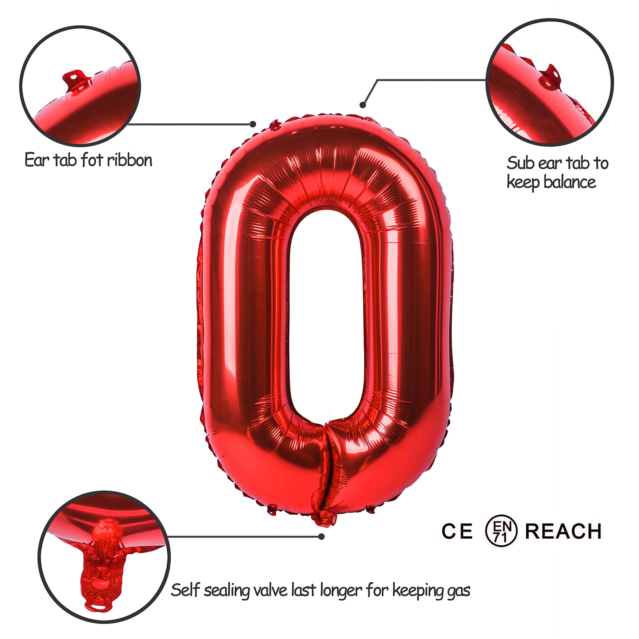 Red 0 balloon 40 Inch Giant Helium Foil Number 0 to 9 Red Balloon Birthday Wedding Party Digital Decorations (Number 0) — view 3
