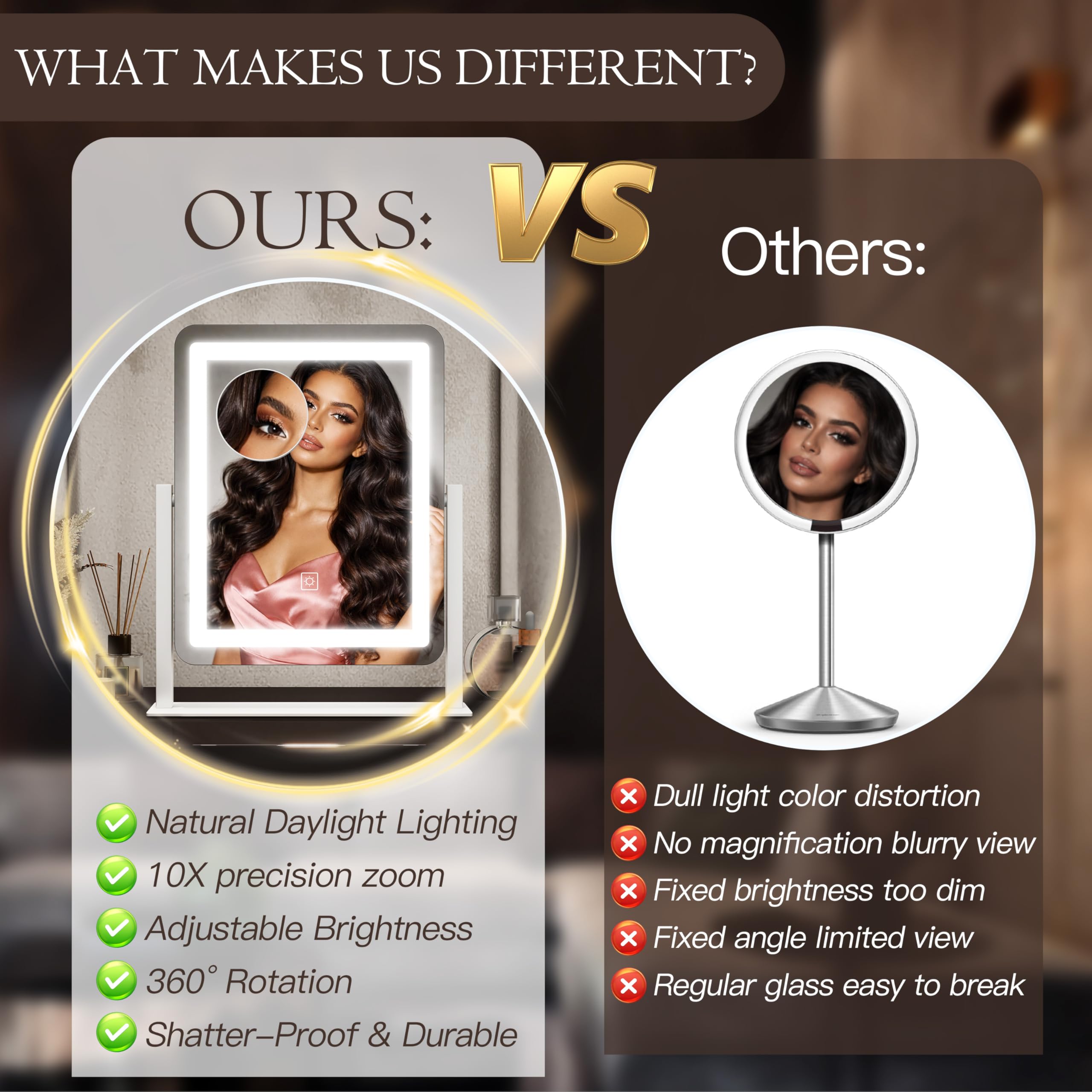 Espejo de tocador LED con luces, espejo de maquillaje iluminado con aumento, 3 luces de color de brillo ajustable, rotación de 360°, espejo cosmético desmontable para mesa de dormitorio