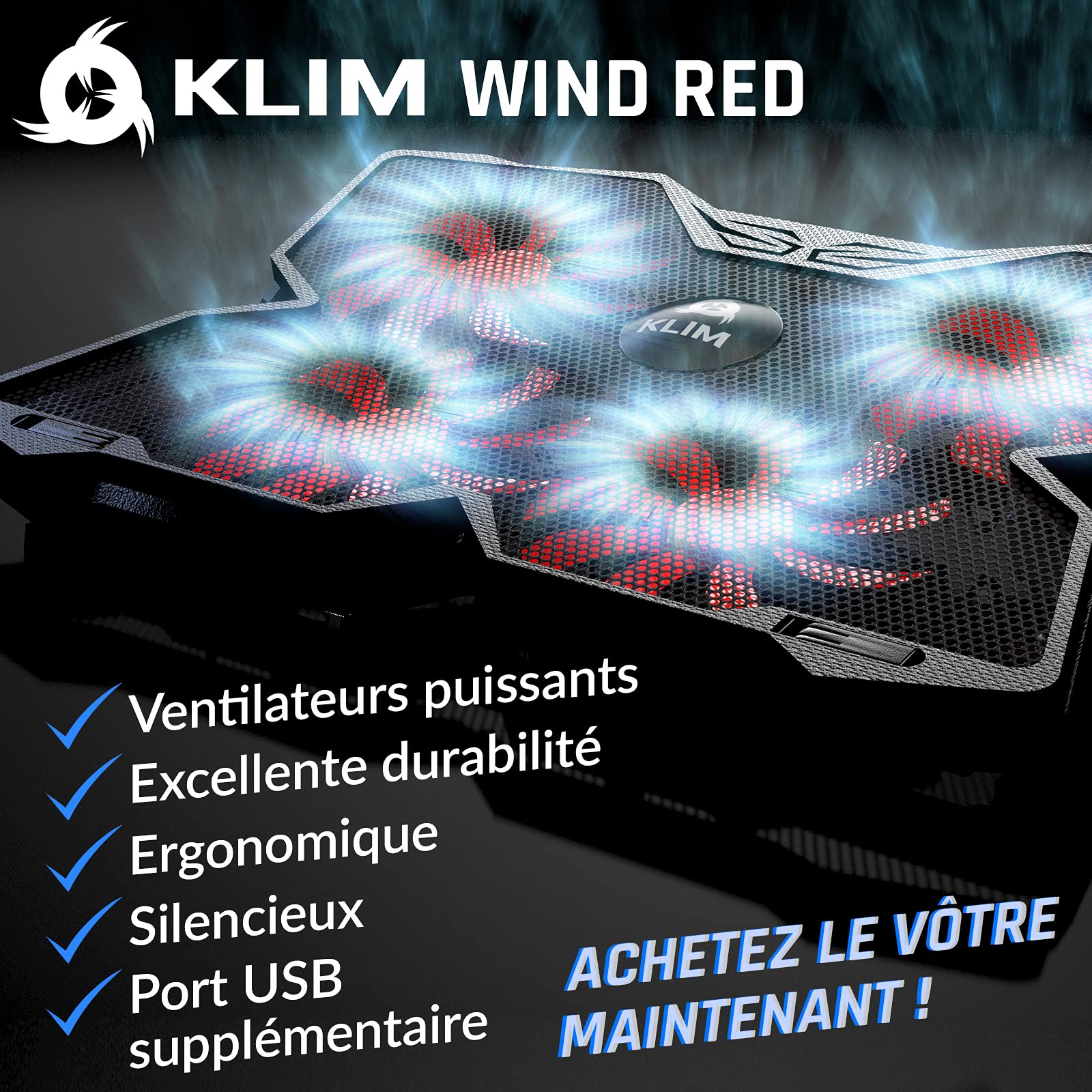 KLIM Wind Refroidisseur PC Portable 4 Ventilateurs Silencieux pour Laptop Mac PS5 PS4