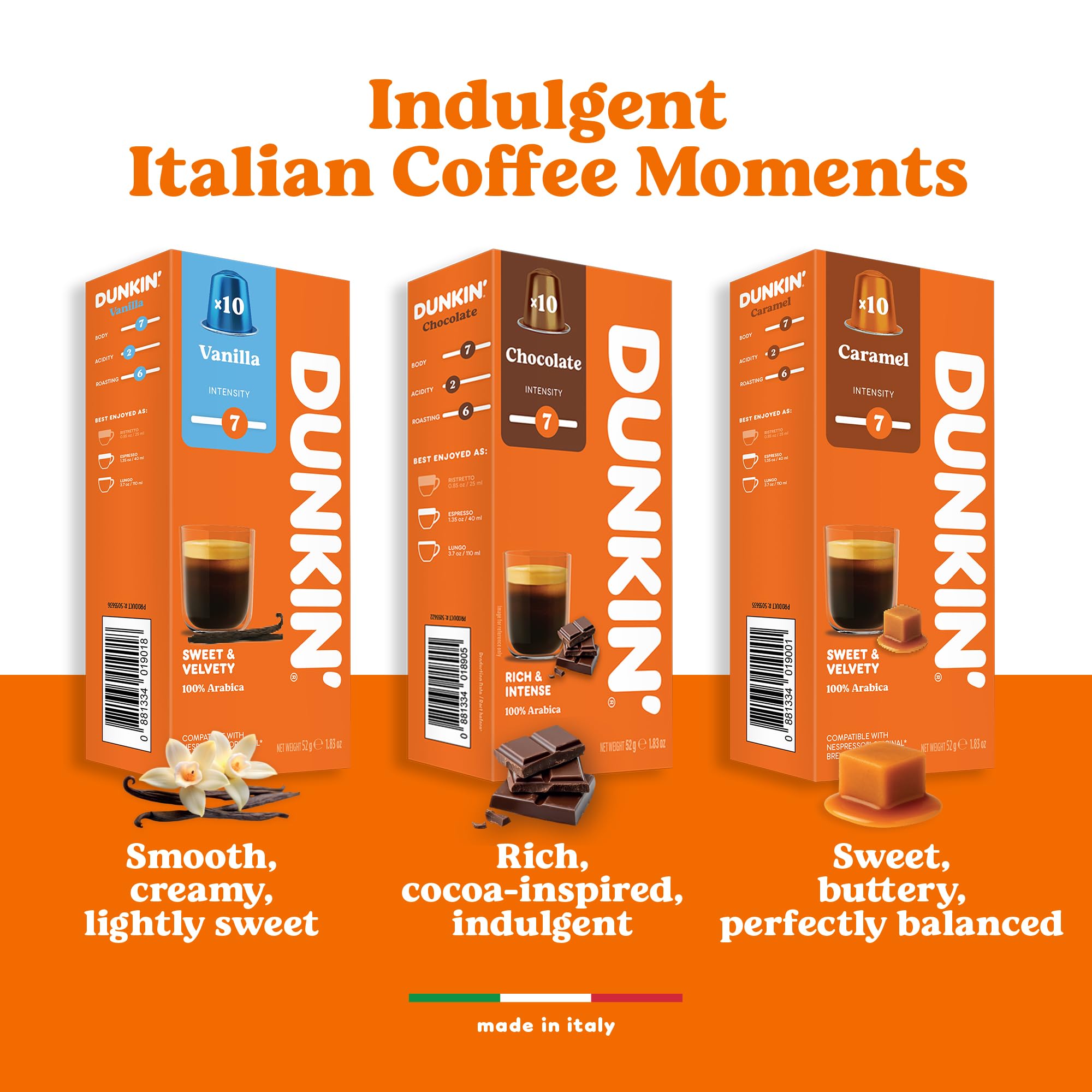 Flavor Dunkin' Donuts - 80 Cápsulas de Café, 3 Sabores Aromatizados: Vainilla, Chocolate, Caramel, Compatibles con Máquinas Nespresso, Cremoso y Aromático, Idea Regalo