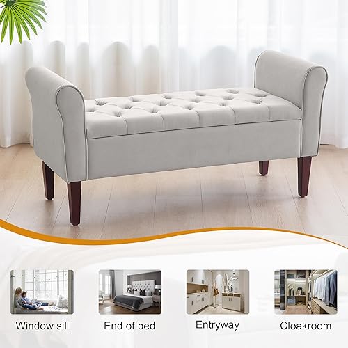 Miniatura 60 de HUIMO Banco de almacenamiento de 48 pulgadas, otomana de almacenamiento con brazos con patas de madera maciza de 7.5 pulgadas, banco de pie de cama