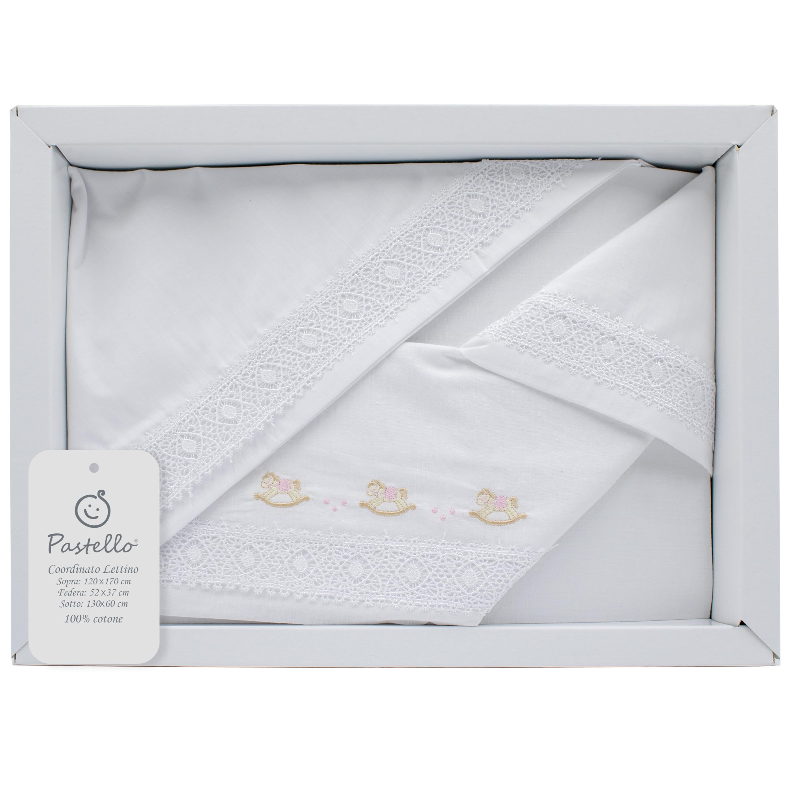 Coordonné lit 3 pièces bébé en coton rose PASTELLO avec broderie élégante