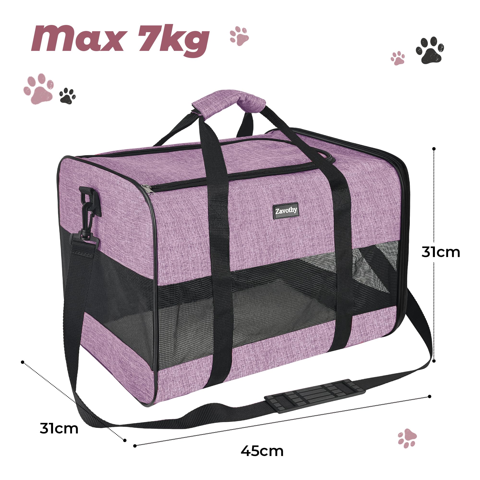 Zavothy Borsa per il trasporto per gatti e cani, borsa per il trasporto, traspirante e pieghevole, trasportino per gatti con tracolla regolabile, materasso in peluche rimovibile (viola, L)