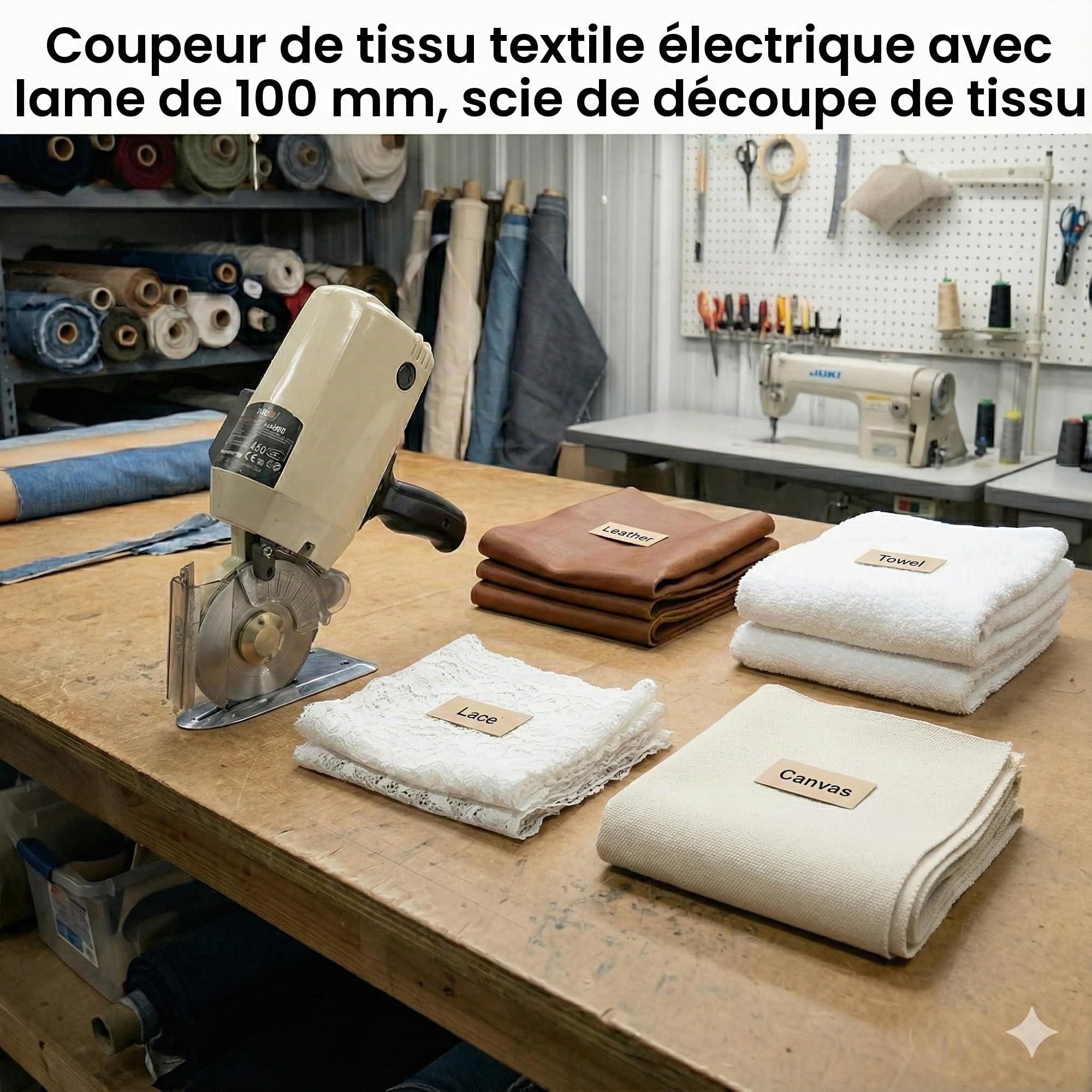 KATSU Ciseaux Électrique Tissu Coupe-Tissu 200W 220V, Épaisseur de Coupe Maximale 25mm Diamètre Lame 100mm, pour Textile Cuir Tapis Papier Caoutchouc, avec Lame Supplémentaire 103915