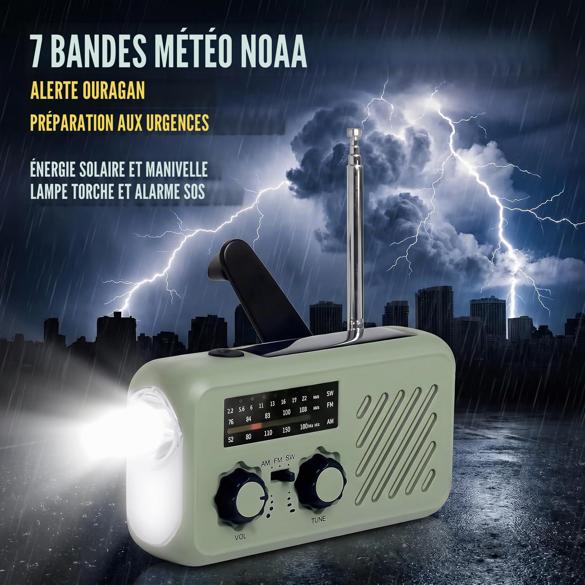 Radio Portable Urgence, Radio de Survie AM/FM Solaire & Dynamo, Powerbank 2000mAh, Lampe LED Torche + Lecture, Alarme SOS - 4 Modes de Charge, Idéale Camping, Panne de Courant, Voiture
