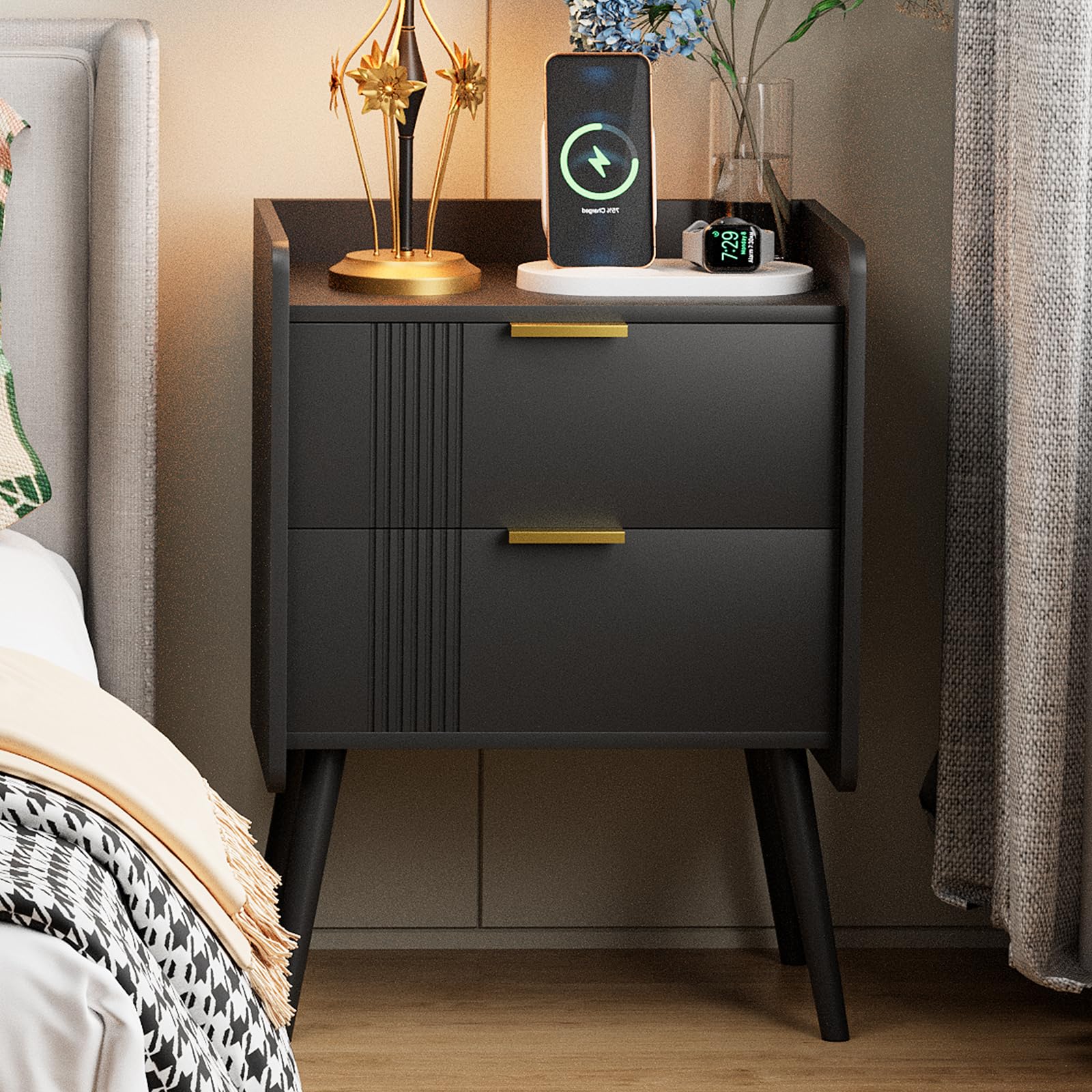 Aenuert Black Nightstand Modern Bedside Table with 2 Storage Drawer, Small Night Stand, Wooden Sofa Side Table for Bedroom, Study Room and Small