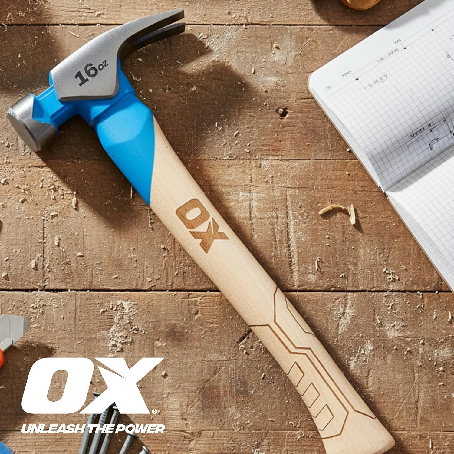 OX 16oz Framing Hammer 16 oz Smooth Face with American Hickory Wood Handle Hammer Framing Claw Tool - Martillos De Carpintero