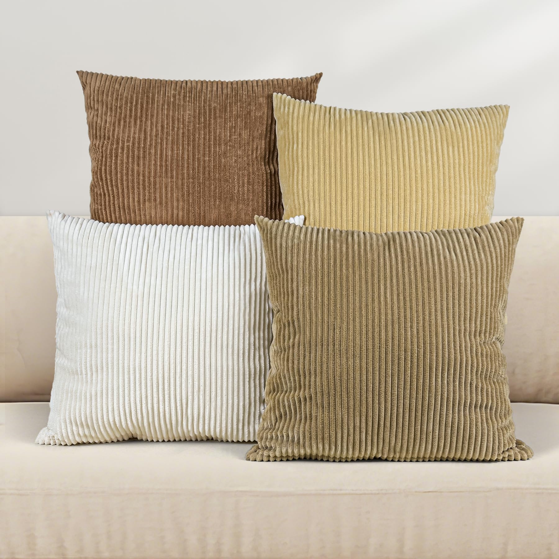 Set of 4 Corduroy Brown Throw Pillow Covers Beige Dark Coffee Earth Tones Decorative Couch Pillows Cover 18x18 Rustic Western Modern Striped Cushion
