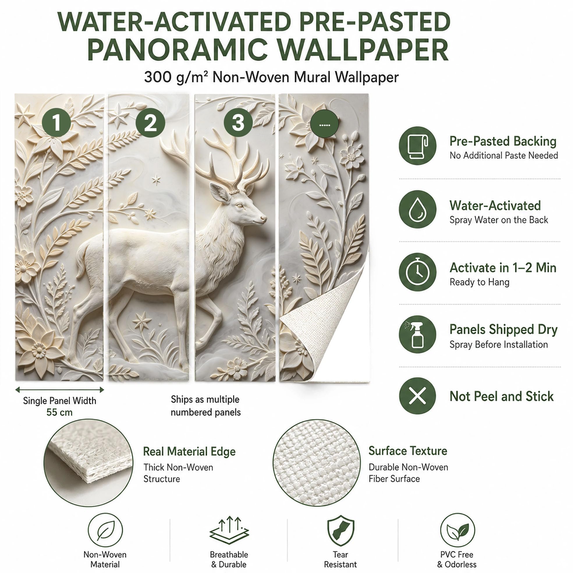 Papel Pintado Con Relieve 3D Alce De Bosque Papel Pintado Autoadhesivo Pared 160Cmx250Cm(Hxw), Mural De Pared Con Relieve 3D, Papel Adhesivo No Tejido, Impermeable Y Removible Para Dormitorio Y Sala