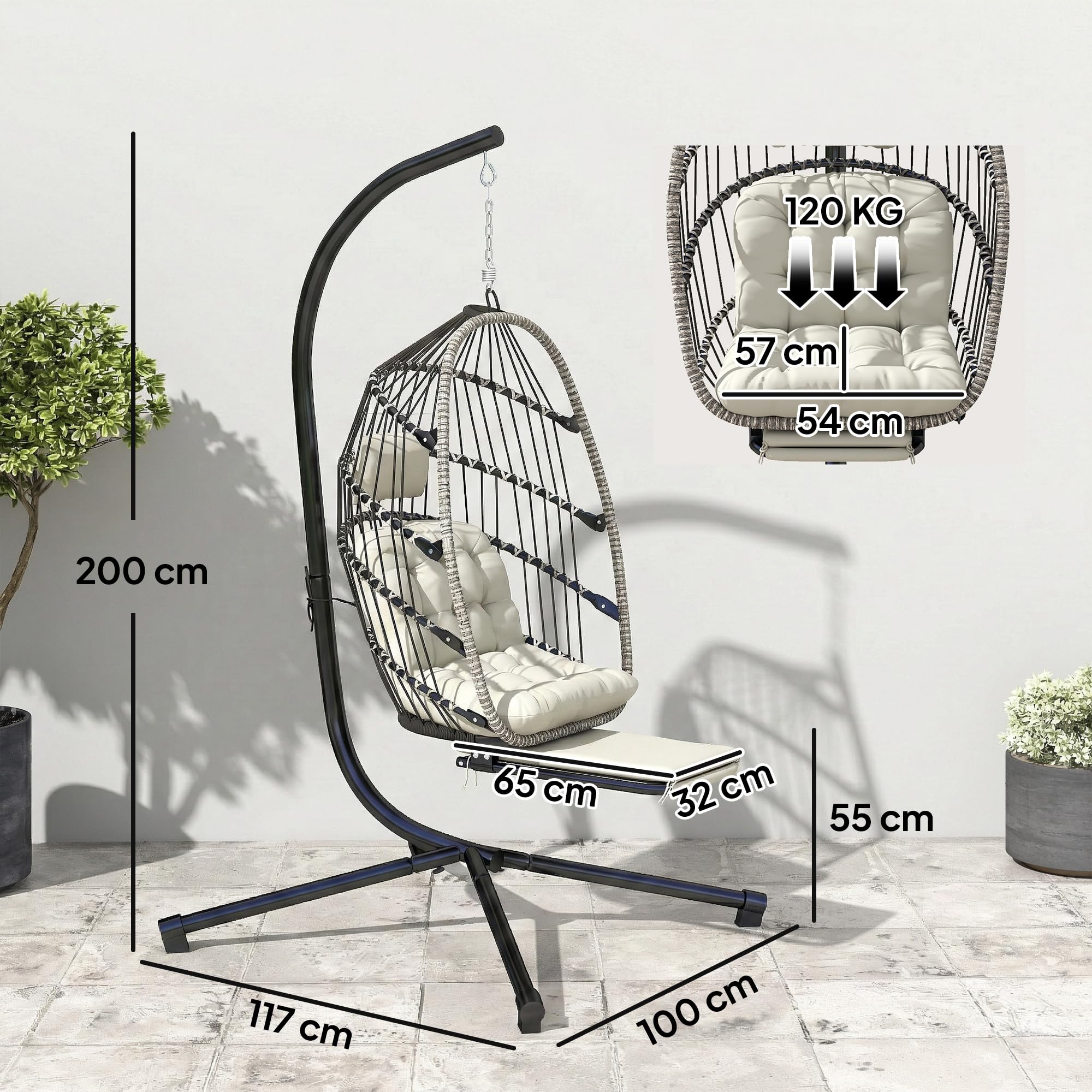 Outsunny Fauteuil Suspendu avec Support, Chaise Suspendue Pliante avec Repose-Pieds rétractable, Coussin Doux et appuie-tête, pour intérieur et extérieur, terrasse ou Jardin, Gris Clair