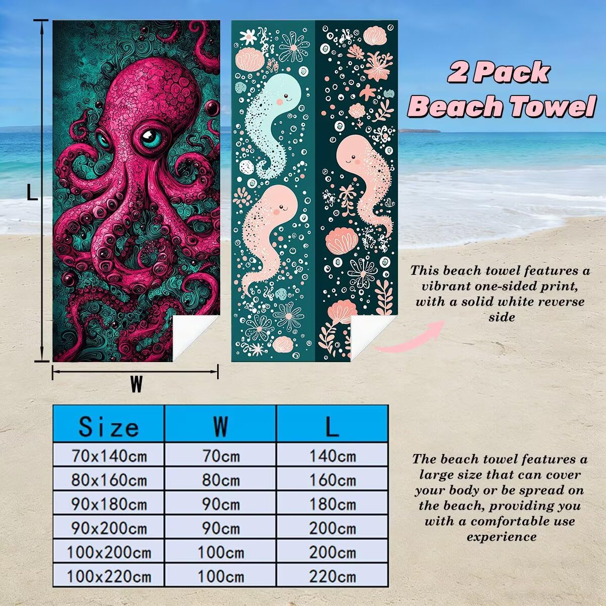 Toalla Playa 80x160 cm, Toalla Gimnasio Microfibra Secado Rapido, Juego de 2 Antiarena Toallas de Playa, Ligera Compacta Toallas Microfibra Grande para Viaje, Regalo Hombre Regalo Mujer (Pulpo) -4935