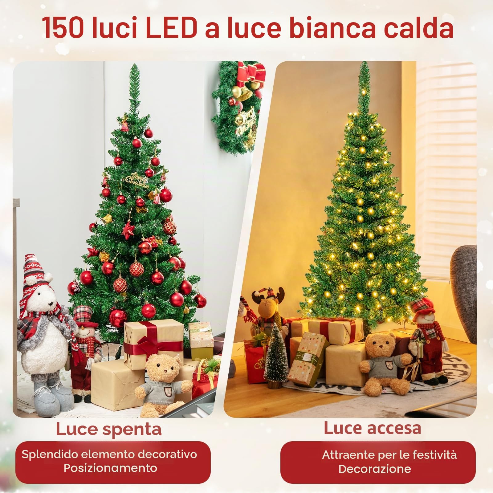 KOMFOTTEU Albero di Natale Artificiale 135/200/225 cm, Albero di Natale con Luci LED Incorporate e Supporto in Metallo, Christmas Tree con Rami in PVC, per Casa, Negozio, Ufficio, Feste (S)