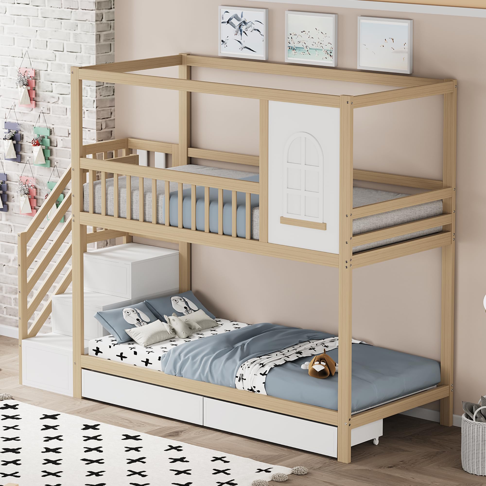 Letto a castello 90 x 200 cm, letto matrimoniale in legno massello, a forma di casa con finestre, design di recinzione di sicurezza, con cassetti e scala di sicurezza, per adolescenti (legno