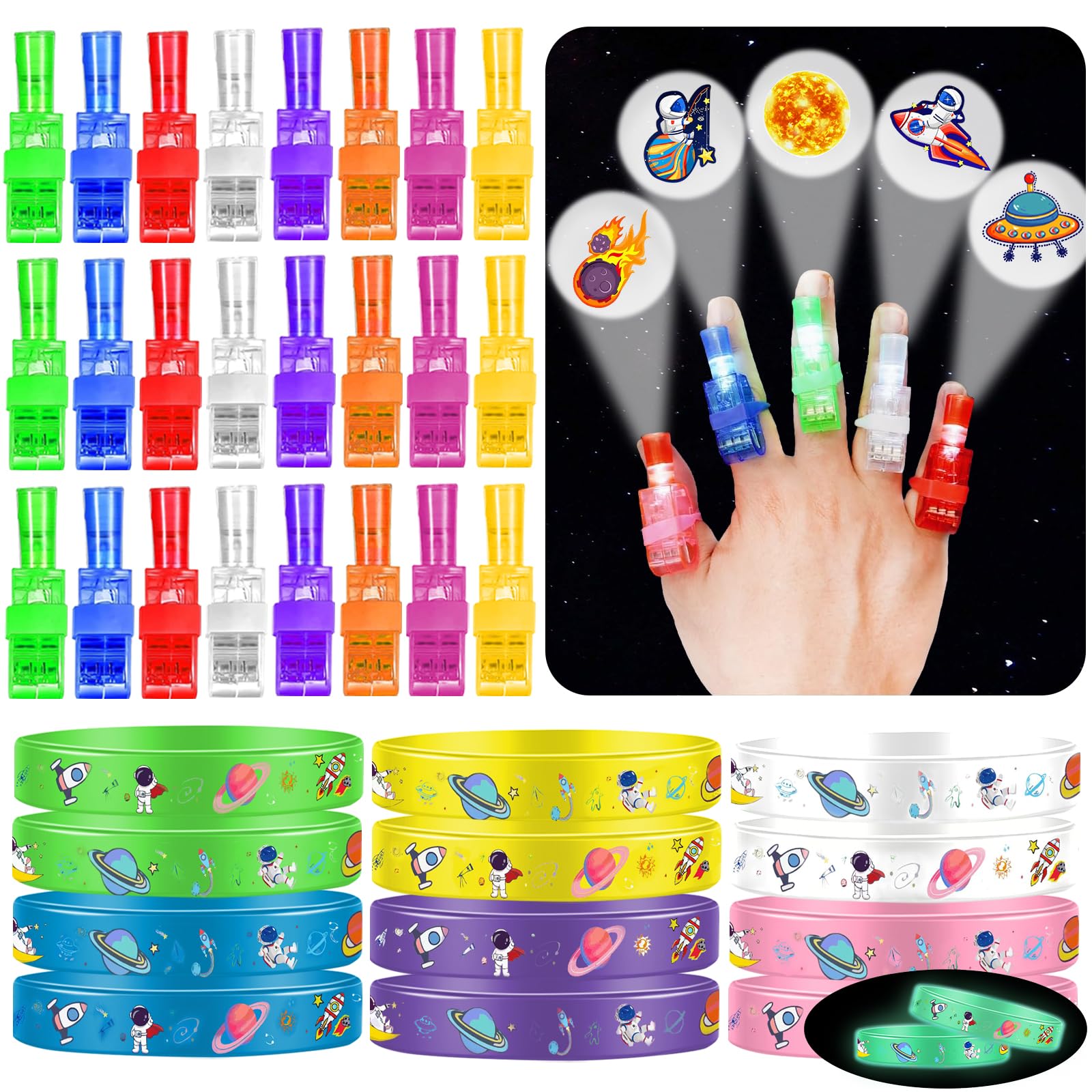 Yizeda 48PCS Space Party Favors LED Finger Lights Light Up Bracelets Glow in the Dark Light Up Toys Gifts Bulk for Kids Birthday Goodie Bags Party Decorations Back to School Supplies Classroom Prizes