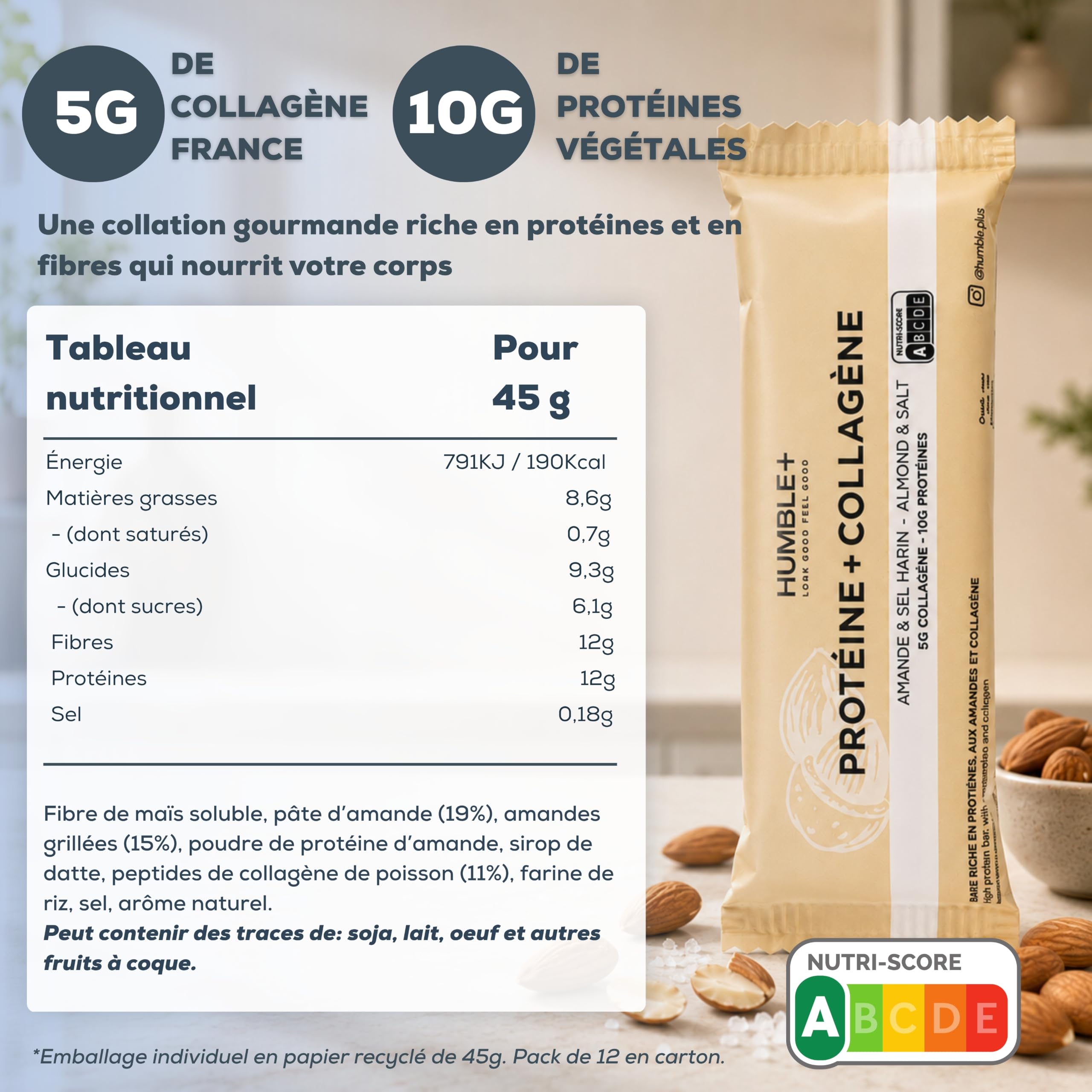 Barres Proteinées au Collagène (5g) et Protéines (12g) - Goût Amandes - Pack de 12 barres x 46g - Riche en Fibres, Sans sucre ajouté, Sans gluten, Sans huile de palme - Humble+