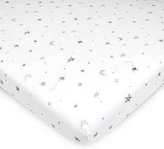 American Baby Company Printed 100% Natural Cotton Jersey Knit Fitted Portable/Mini-Crib Sheet, Grey Stars and Moon, Soft Breathable, for Boys and Girls, Pack of 1