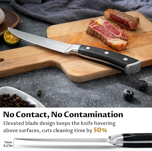 Miniatura 4 de Juego de 8 cuchillos para carne, cuchillos de carne no dentados de 5 pulgadas con bloque de haya, cuchillos de cena de acero inoxidable alemán