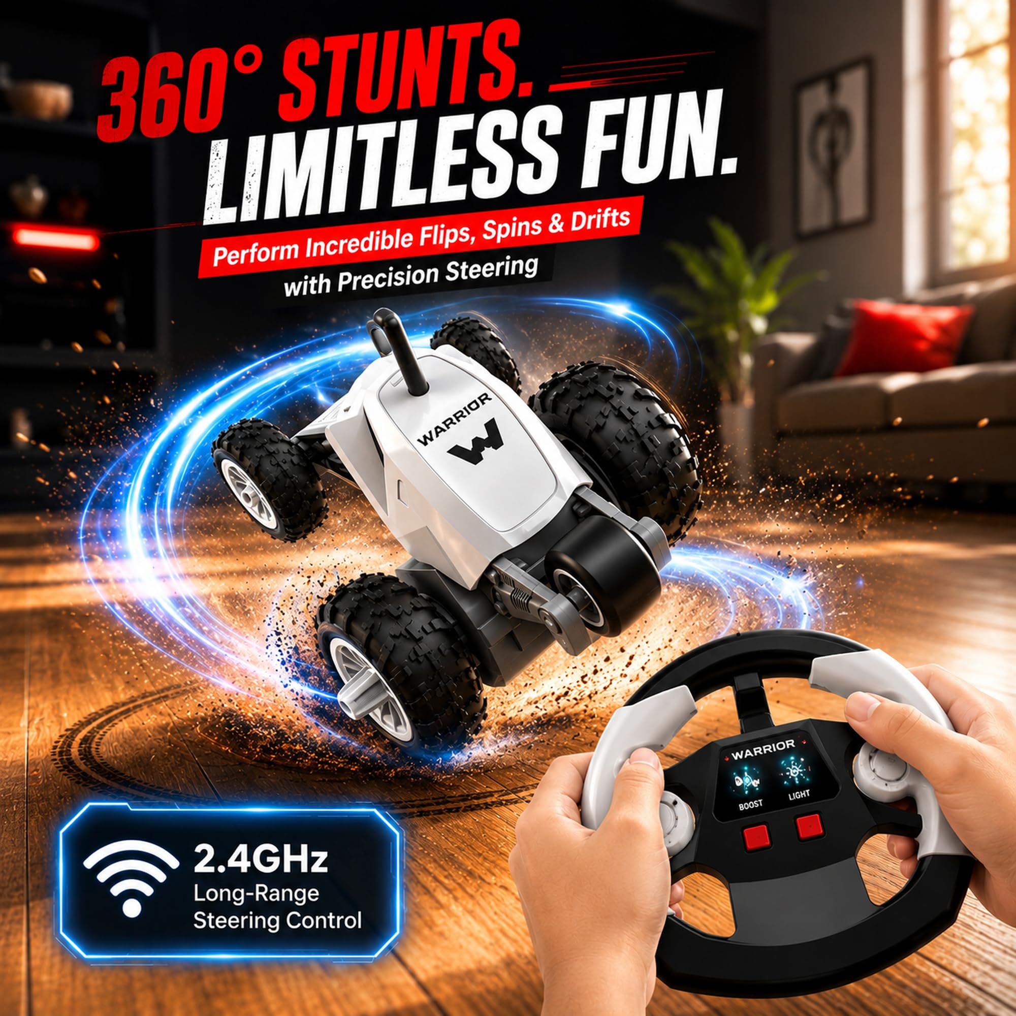 Mirana Warrior 360° Remote Control Stunt RC Car for Kids | Dual Motor, 7 Auto Stunt Modes, Speed Boost & LED Headlights | Rechargeable Vehicle Toy with USB Type C Charging | White 3