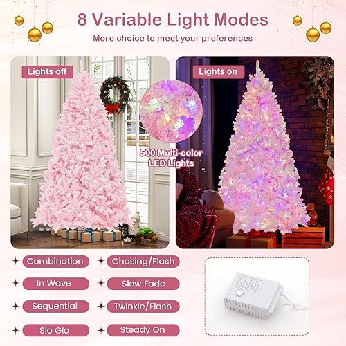 Miniatura 3 de Goplus Árbol de Navidad artificial preiluminado rosa de 7 pies, árbol de Navidad artificial con bisagras con 1200 puntas de rama, 8 modos de