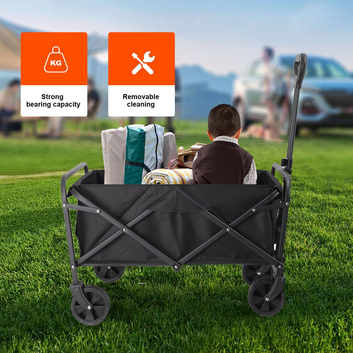 Carrello Pieghevole Con Ruote per Campeggio e Spiaggia, Struttura in Acciaio 80 kg, Ruote Girevoli 360°, Manico Regolabile, Ampio Carrello Portatutto
