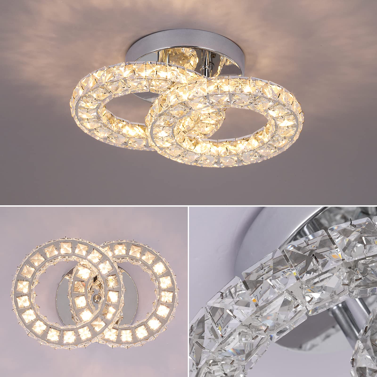 GreeLustr Runde Kristall Kronleuchter LED Moderne Kristall Deckenleuchte, Austauschbare Pendelleuchte K9 Crystal Einbauleuchte Edelstahl Deckenlampe für Schlafzimmer Flurlampe Eingang Wohnzimmer