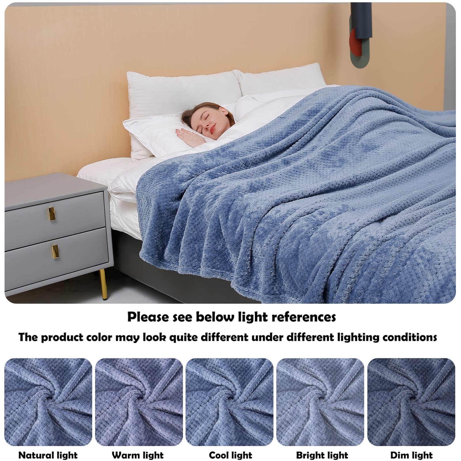 U UQUI Fleece Bed Blankets King Size Blue 102"x90" Waffle Textured Soft Lightweight Plush