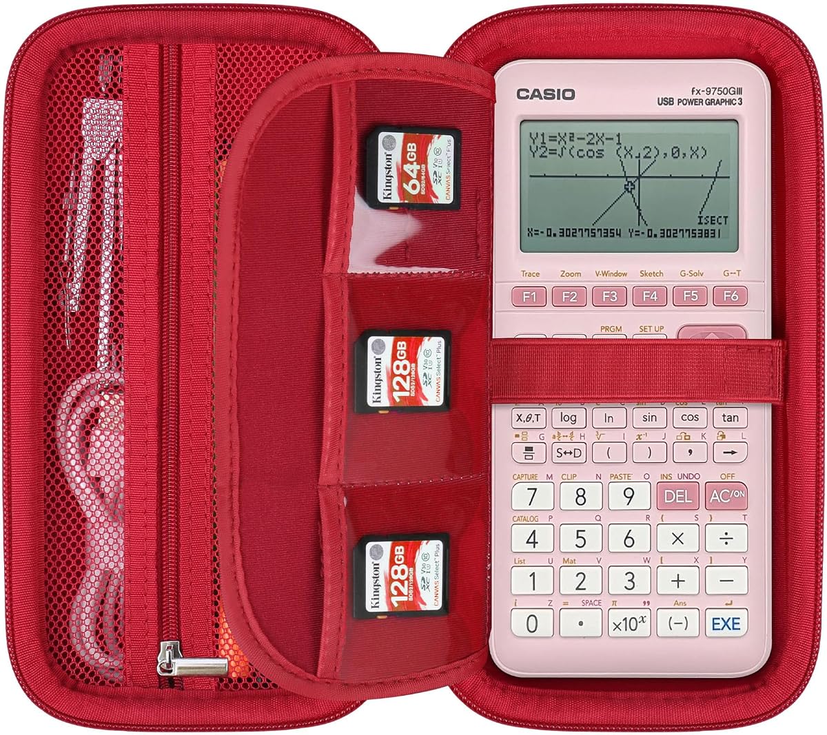 Elonbo Carrying Case for Casio fx-CG50 PRIZM/fx-9750GIII Color Graphing Calculator/ 991ES Plus/ 991CW/ 115ES Plus/ 300ES/ 300MS Standard Advanced Scientific Calculator, Mesh Pocket Fits Cable, Red