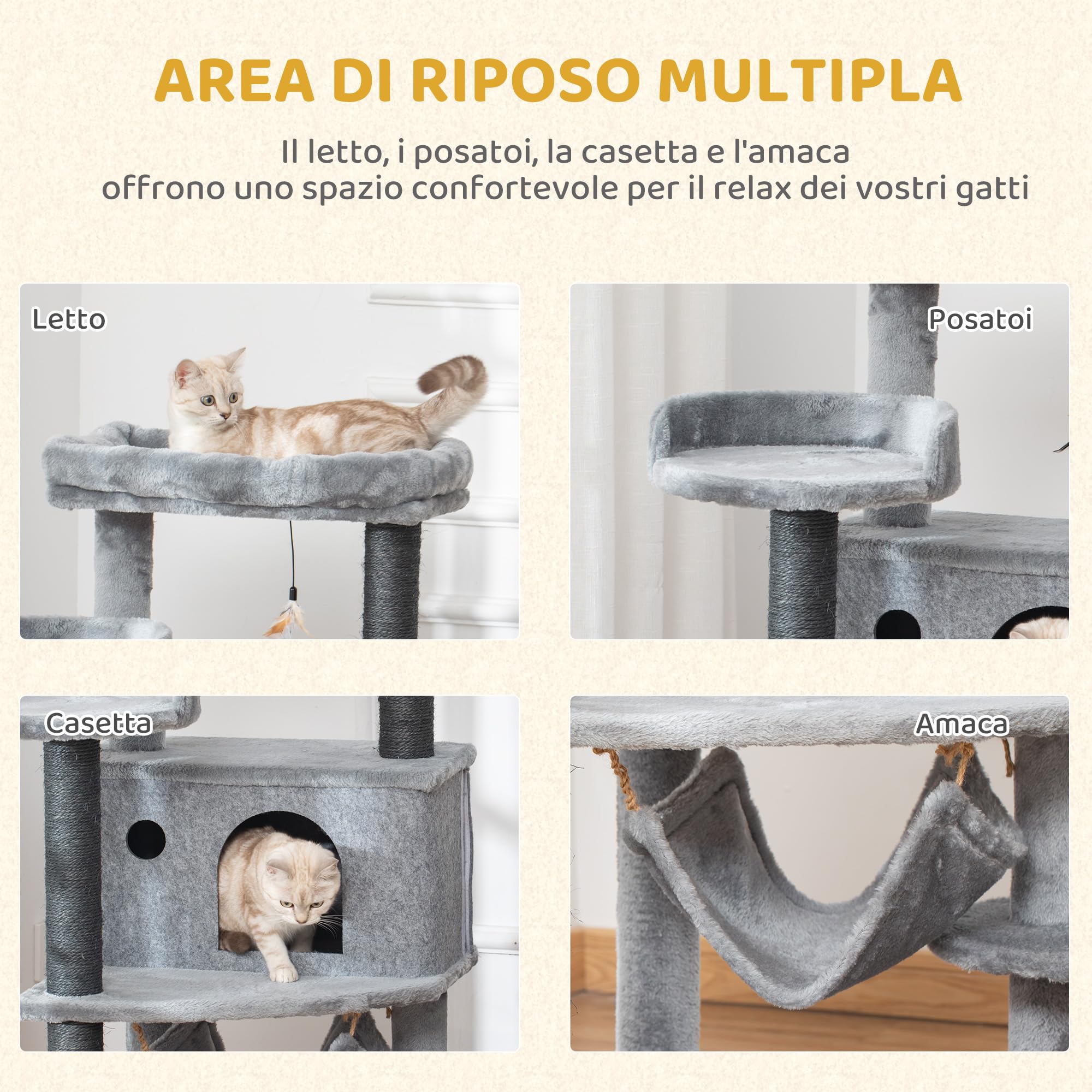 PawHut Albero Tiragraffi per Gatti con Palo, Casetta, 48x48x107 cm, Grigio | Letto, 4 Piattaforme, Amaca e 2 Giochi, Torre per Gatti in Truciolato, Peluche, Sisal e Feltro