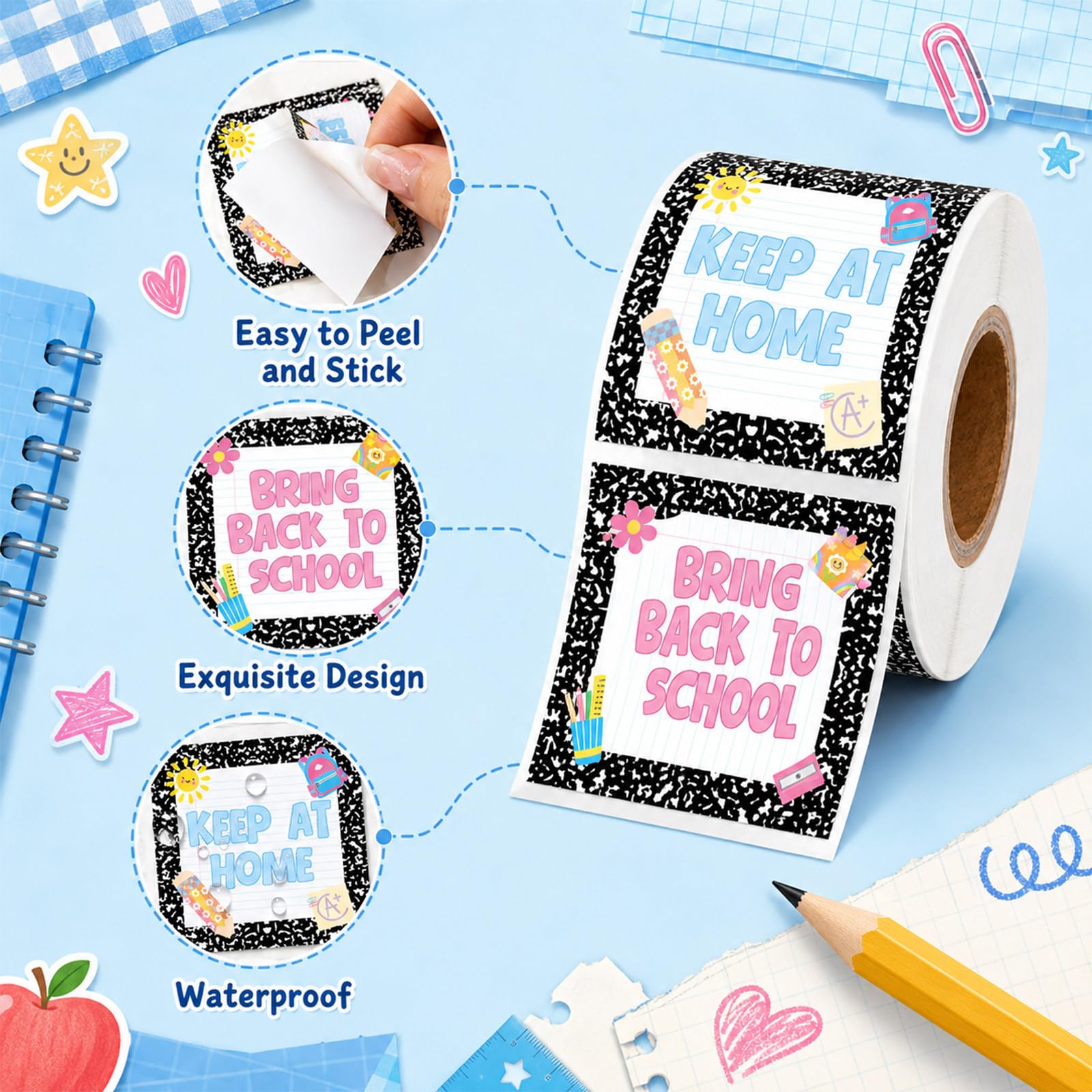 Keep at Home Bring Back to School, 1000 sztuk, naklejki na notatnik, etykiety dla nauczycieli, do szkoły, biura, dekoracji