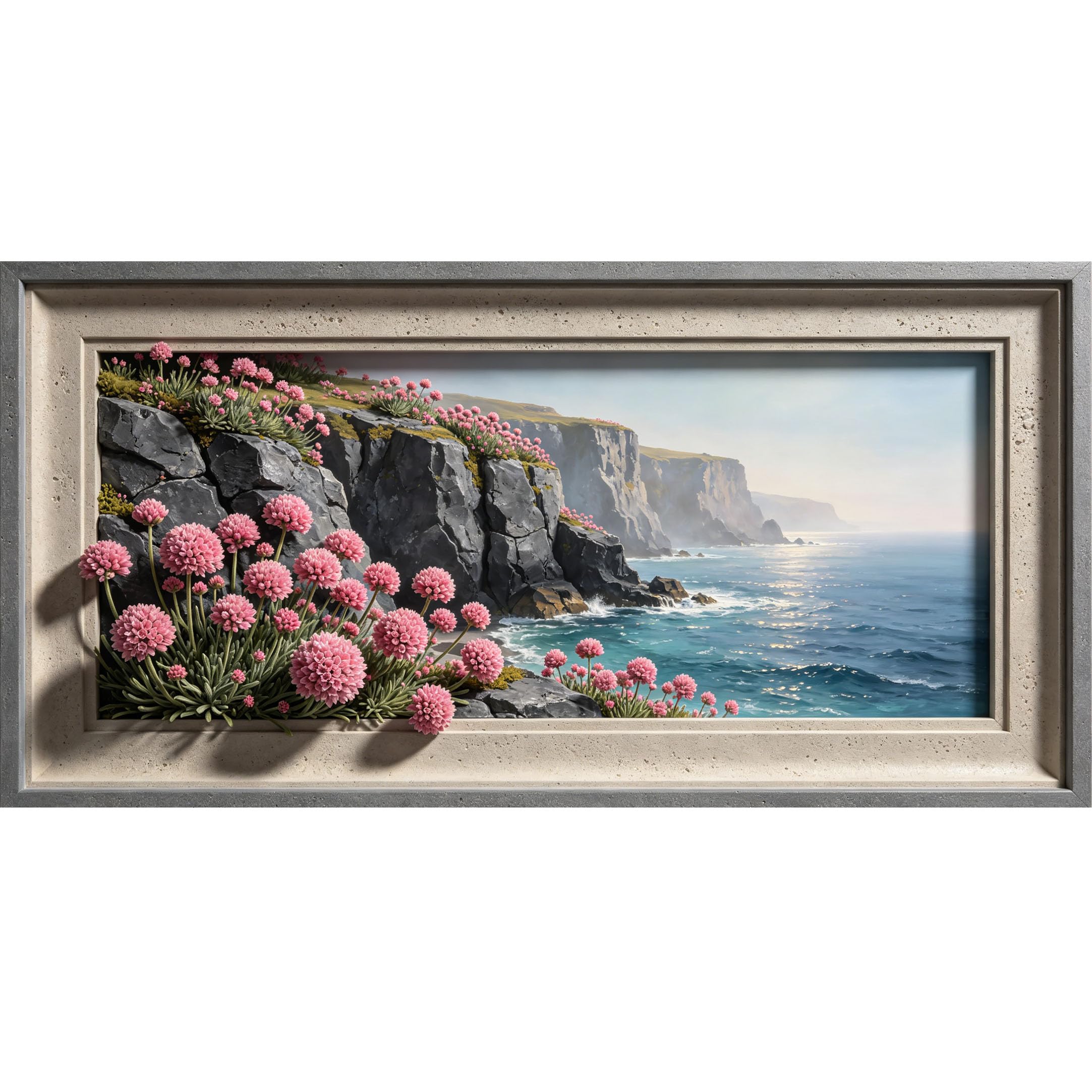 Agglomerix 3D Framed Wall Art Coastal Cliff Ocean View Pink Wildflower Landscape Large Size Self-Adhesive Removable Wall Decor Prints Artwork for Living Room Bedroom Office