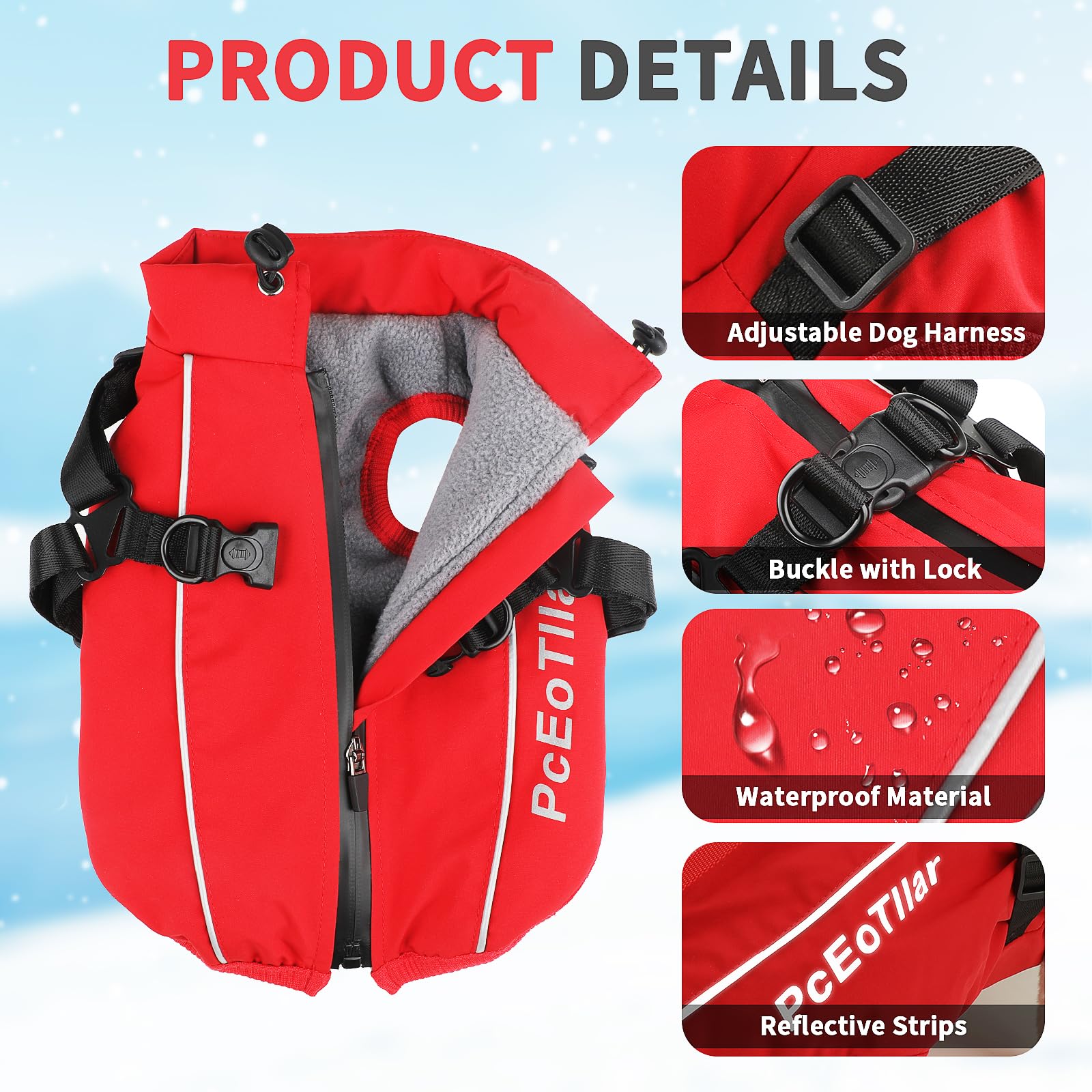 PcEoTllar Waterproof Dog Coat for Small Dogs Warm Reflective Jacket with Harness for Winter Skiing Costume Cotton Dog Sweater - Image 2