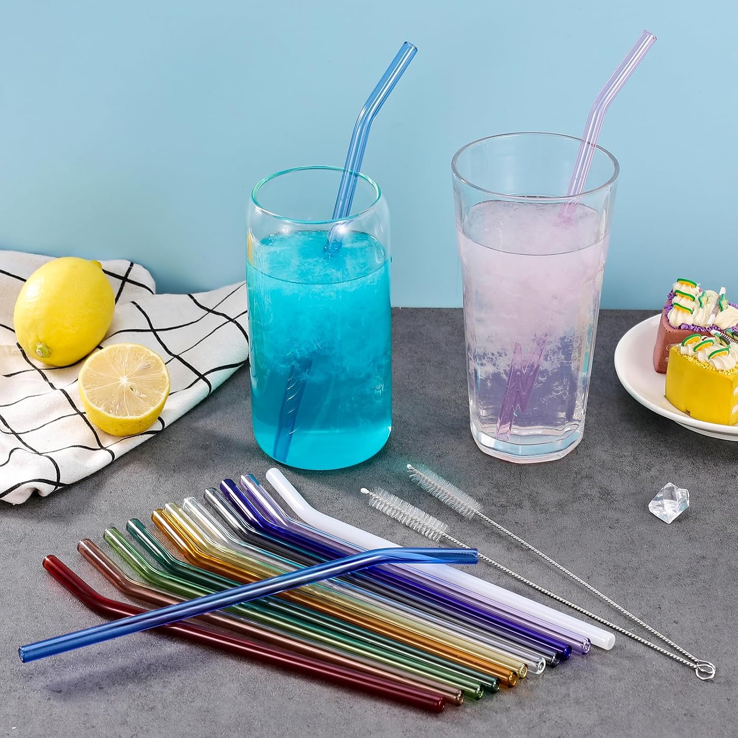 14 Pcs Reusable Bent Colorful Glass Straws,9''x8 mm Shatter Resistant Cute