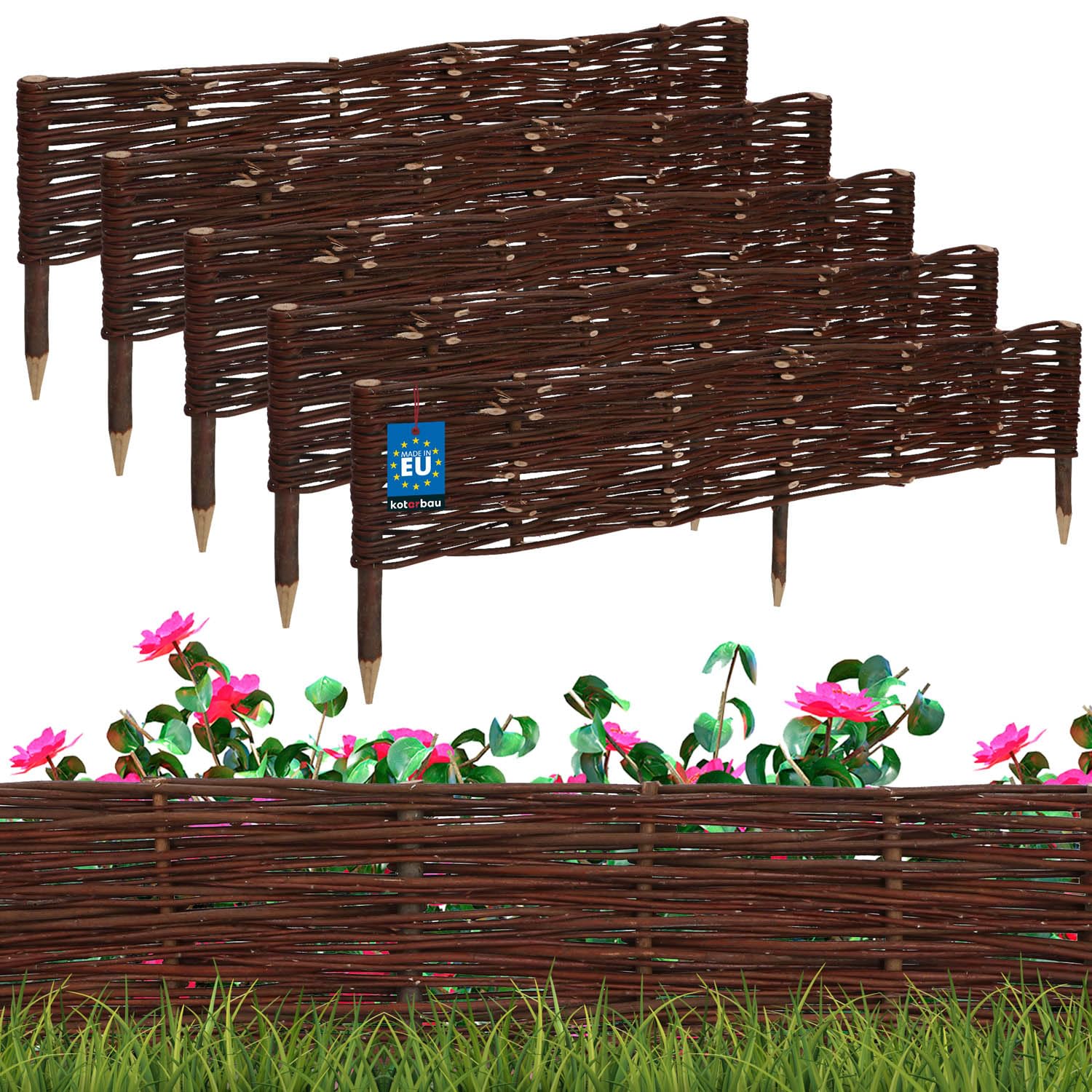 KOTARBAU® 5er Set Beeteinfassung - 100 x 20 cm - Weidezaun - Beetumrandung aus Weide - Beet Zaun - Mini Steckzaun - Abgrenzung für Blumen- & Kräuterbeet - Garten Deko - Weide - Braun