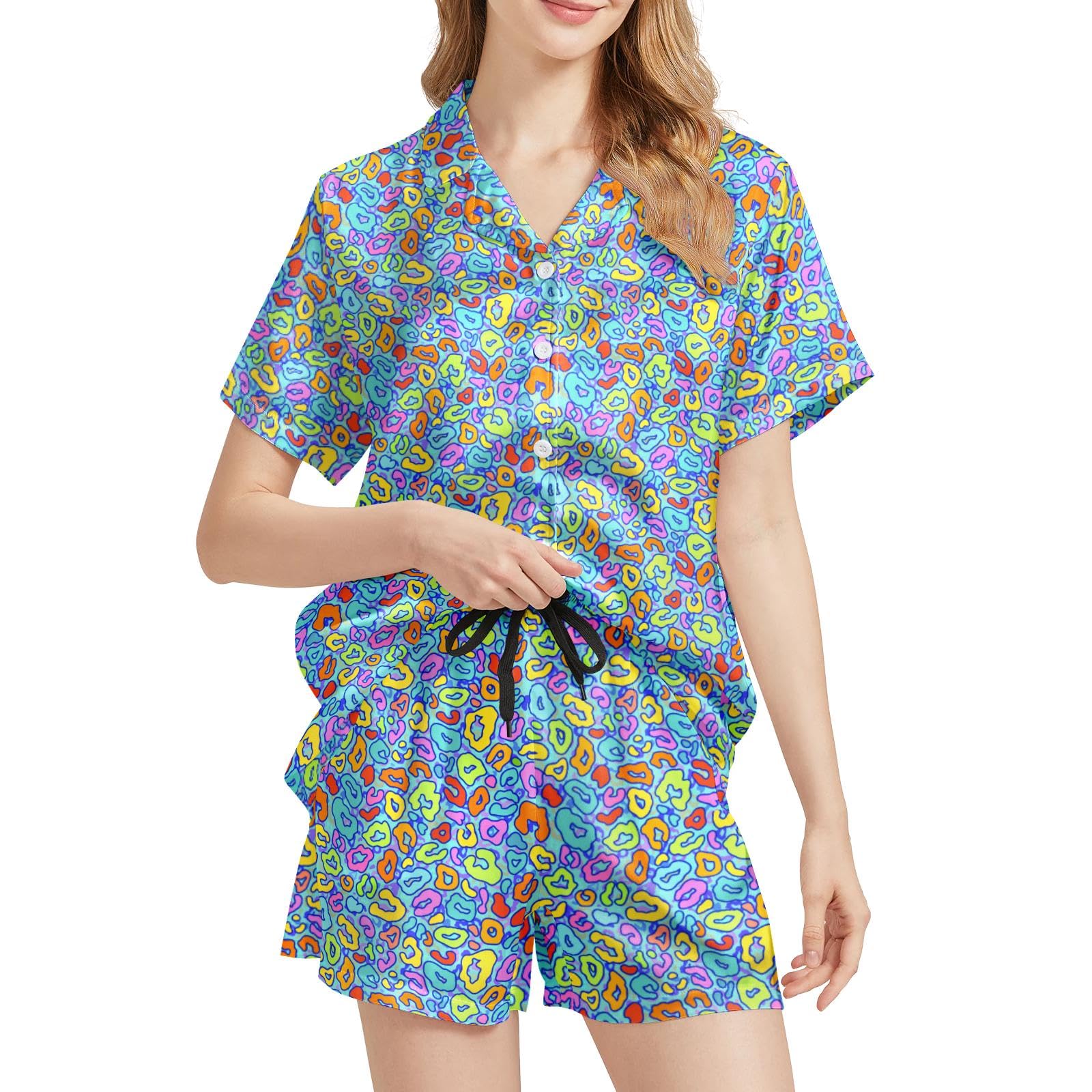 Funny Pajamas for Women Set Print Satin Loungewear Pjs Short Sleeve Button Down Top and Shorts Sets Sleepwear XS-3XL