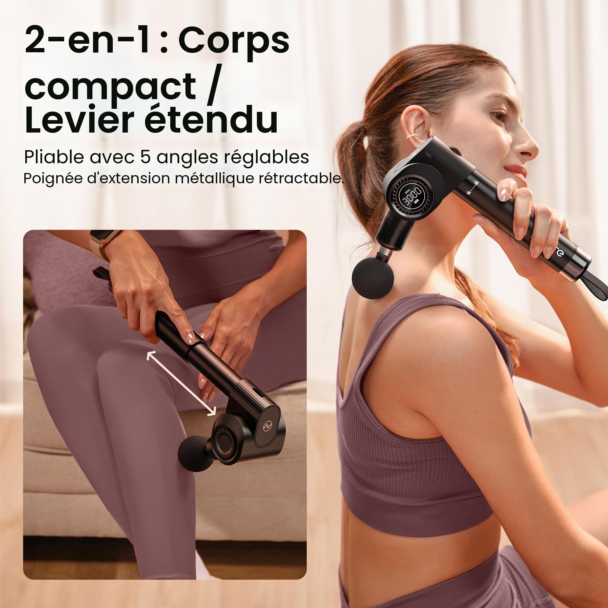 Pistolet Massage Pliant NAPRE: Manche Extensible & 5 Angles, Massage Dos/Tissus Profonds pour Douleurs, Percussion Main, 32 Vitesses, 6 Embouts Silencieux avec Coffret