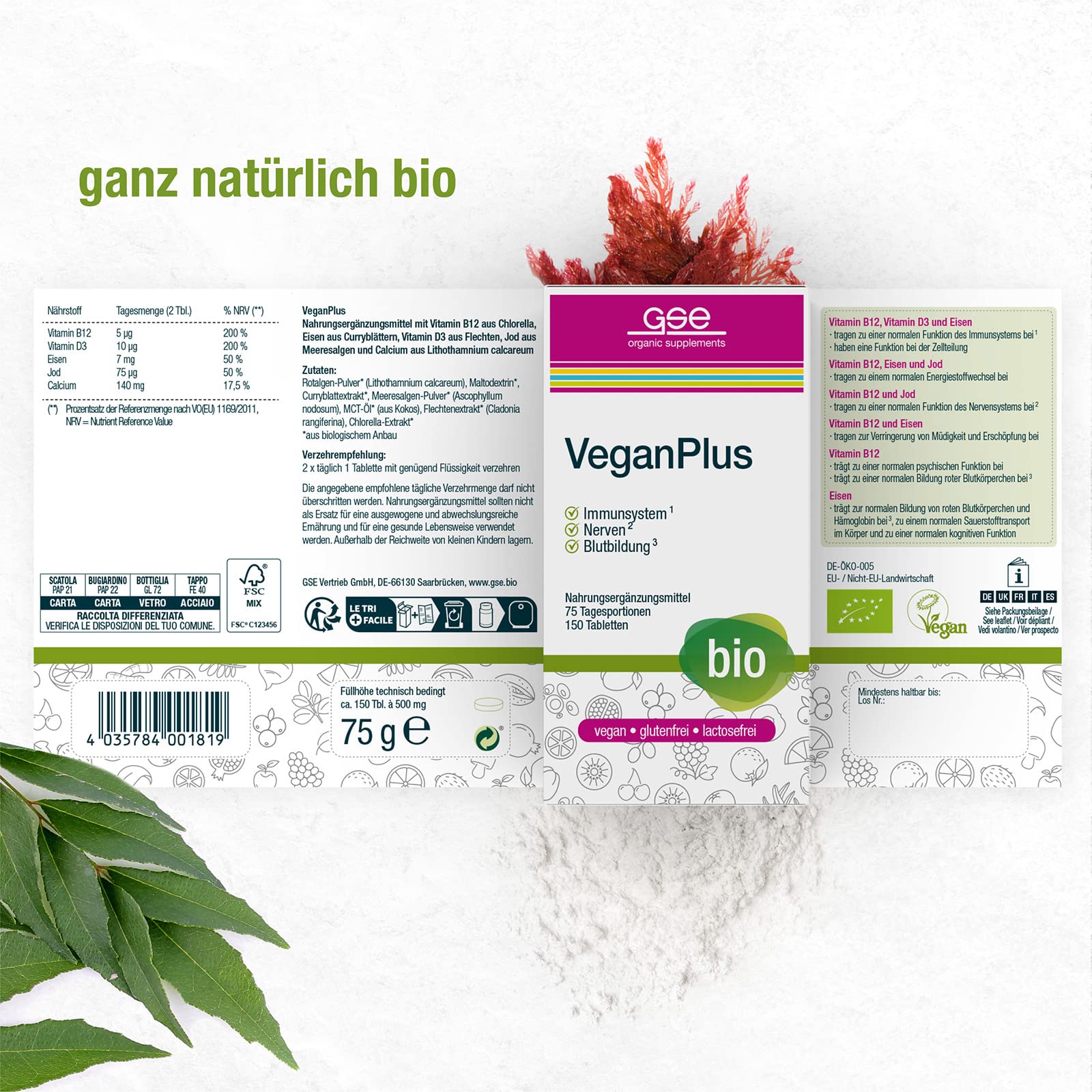GSE VeganPlus Bio - Nahrungsergänzungsmittel für Veganerinnen & Veganer - Vitamine B12 & D3, Eisen, Jod, Calcium - Komplex rein pflanzlich, Bio - Vegan Supplements, 150 Vegan Tabletten