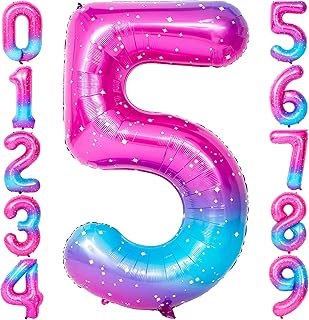 KatchOn, Rainbow Number 5 Balloon - Giant, 40 Inch | Pink Blue Number 5 Balloons | Foil Galaxy Number 5 Balloon for 5th Birthday Decorations Girl | 5th Birthday Balloon, Rainbow Party Decorations