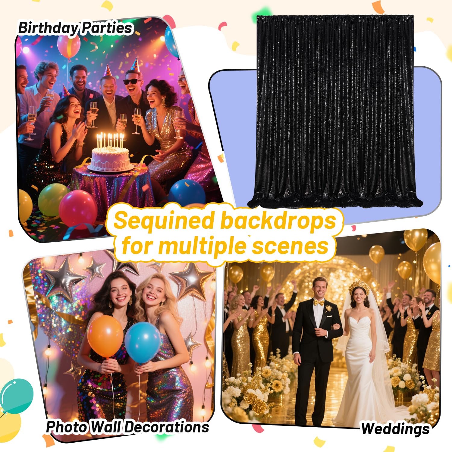 4 pezzi Tenda con paillette - 60x240cm Sfondo a Tende con Sequin per Laurea Scuola Feste Decor feste di compleanno, matrimonio, palcoscenico -Nero