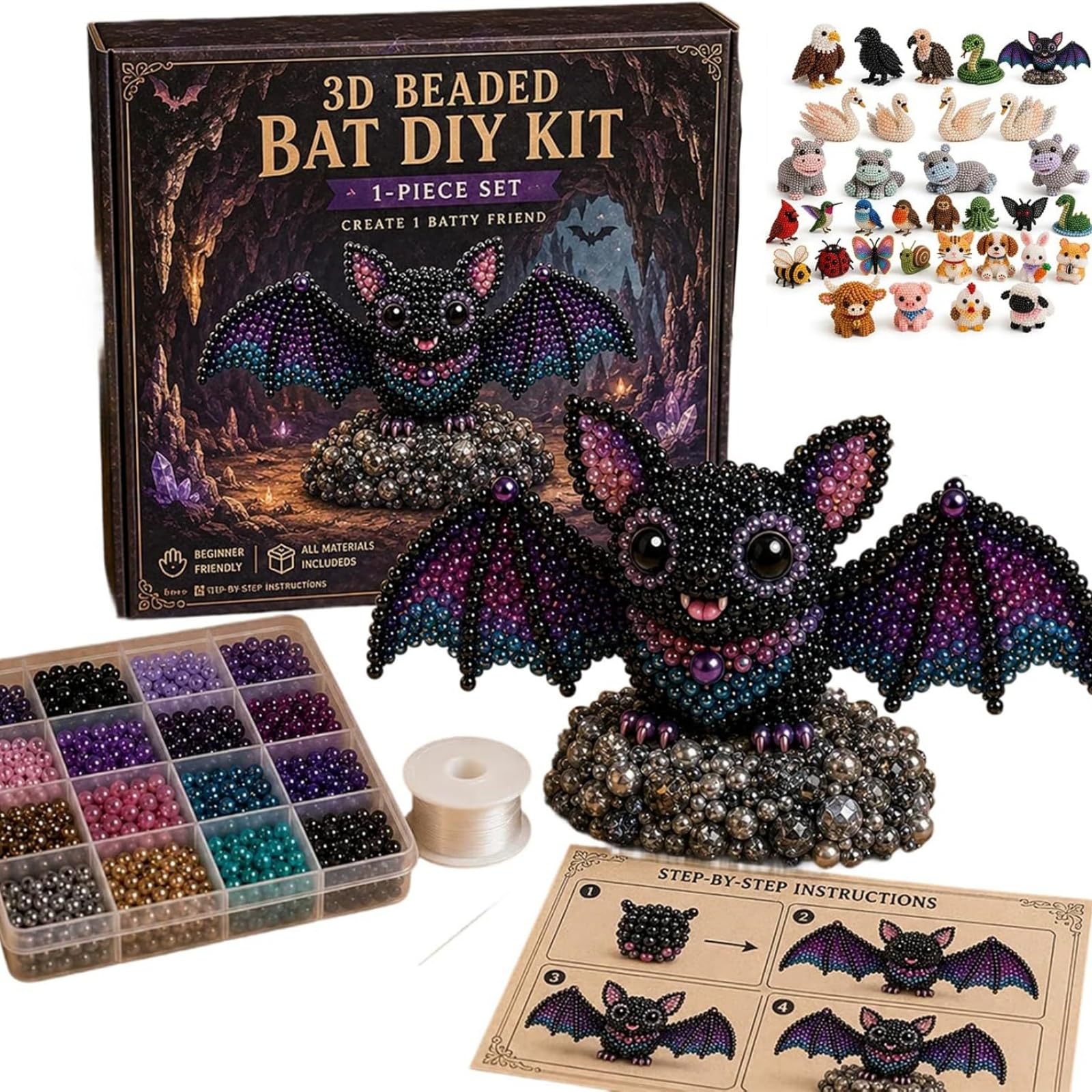 Tiny 3D Beaded Animal DIY Kit, Animal Beading Kit, 4 Cute Designs, 3D Animals Themed Beadwork Set for Beginners & Craft Enthusiasts, with Instructions (Bat)