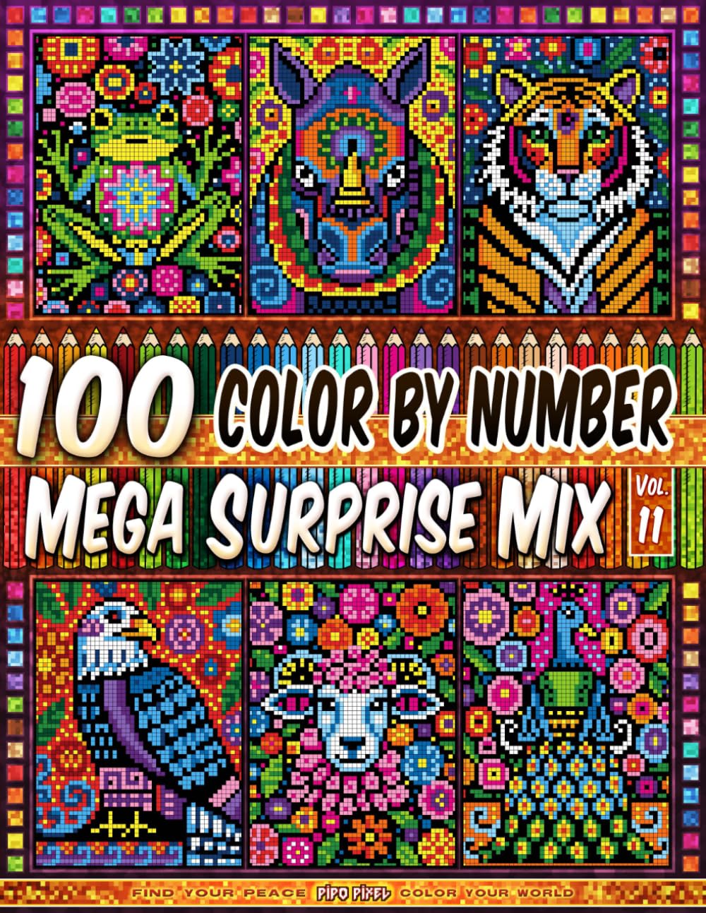 100 Color by Number - Mega Surprise Mix - Vol. 11: 100 Designs in Pixel Art - Charming Folk Animal Patterns With Nature Motifs