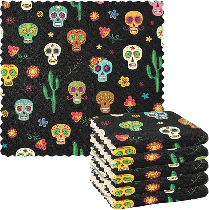 Sugar Skulls Cactus Kitchen Towels 6 Pack Dish Towels Reusable Cleaning Dish Cloths Dish Rag for Kitchen