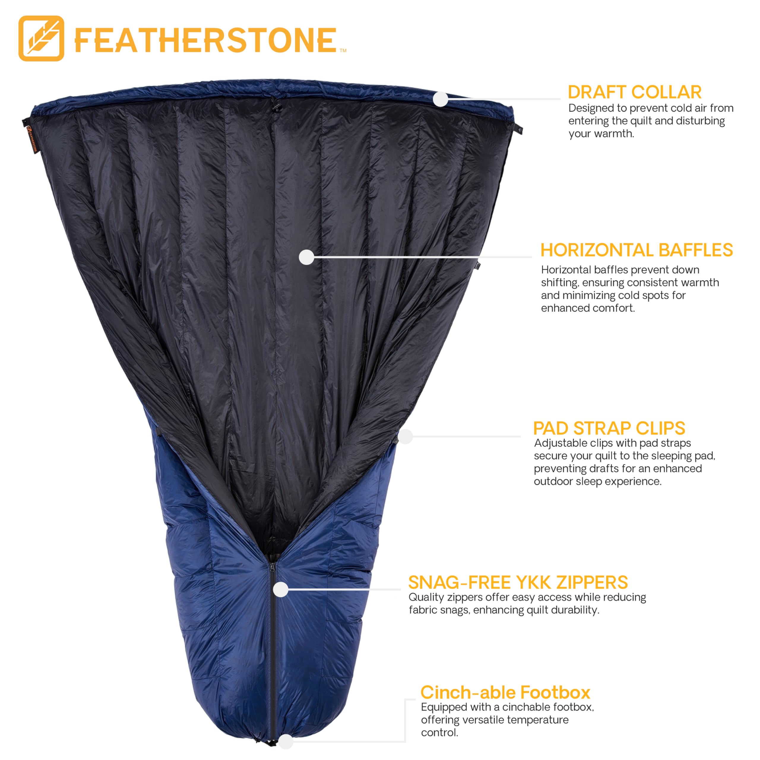 Featherstone Moondance 25 850 Fill Power Down Top Quilt Mummy Sleeping Bag Alternative for Ultralight Backpacking Camping and Thru-Hiking Color: Navy/Grey Size: Regular/Regular